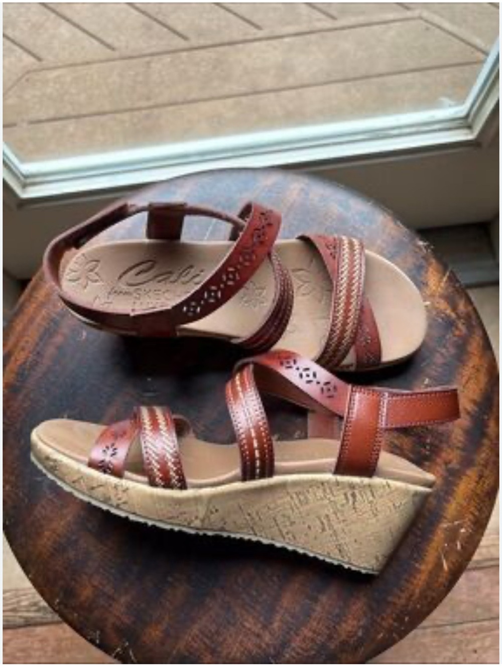 Skechers Women's Tan Brown Wedge Sandals - Strappy Leather Blend